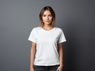 A young woman posing for a t-shirt mockup, wearing a blank , clean white shirt