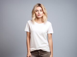 A blonde woman posing for a t-shirt mockup, wearing a blank , clean white shirt
