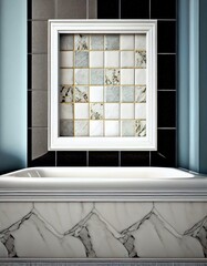 Modern cozy bathroom with a bath, sink, cosmetic shelf, towels, and tiled walls. Mockup for presenting bath and cosmetic products, providing an attractive space for showcasing items.