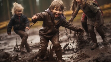 Naklejka na ściany i meble Joyful children in raincoats and rubber boots are splashing and playing in a large, muddy puddle after a rain shower, embodying the carefree spirit of a happy childhood spent outdoors.