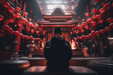 Serenity in devotion: a Chinese man immersed in prayer, surrounded by the sacred tranquility of a...