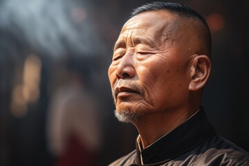 An elderly Chinese gentleman finds solace in prayer, meditating peacefully within the sacred confines of a temple