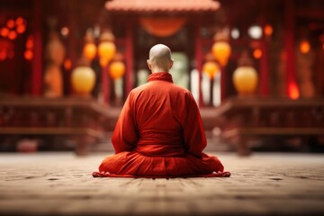 Devotion in motion: a Chinese man in deep prayer, resonating with the spiritual energy of the temple