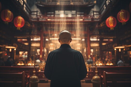 Devotion in motion: a Chinese man in deep prayer, resonating with the spiritual energy of the temple