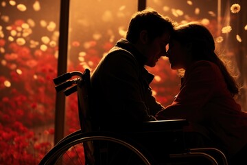 Fototapeta na wymiar Love's resilience on display: a couple, one in a wheelchair, exchanges a heartfelt moment, reminding us that love knows no limitations