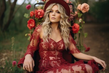 woman in a red dress sits surrounded by flowers in nature