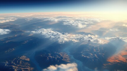 Beautiful landscape view from the airplane illuminator window. Travel concept background