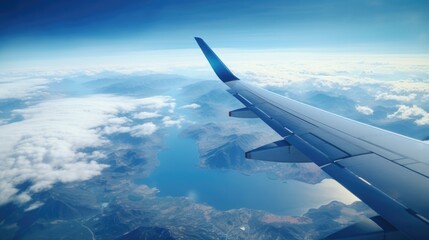 Fototapeta premium Beautiful landscape view from the airplane illuminator window. Travel concept background