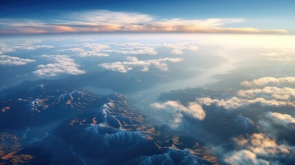 Beautiful landscape view from the airplane illuminator window. Travel concept background