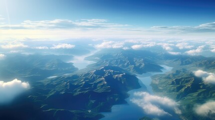 Beautiful landscape view from the airplane illuminator window. Travel concept background