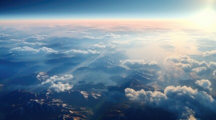 Fototapeta na wymiar Beautiful landscape view from the airplane illuminator window. Travel concept background