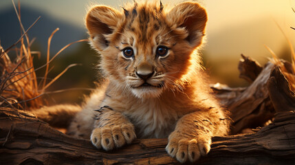A cute baby lion simba. Cub the lion and lioness young one innocent portrait resting. generative ai