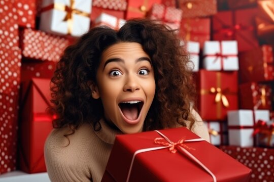 Yuletide Embrace: A festive photo capturing the magical moment of a woman's surprise and happiness while embracing a sizable Christmas gift