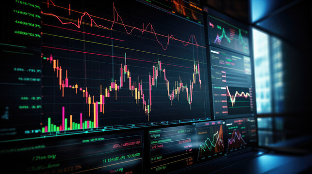 Close-up of a financial trading screen displaying market data with various colored candlestick charts, numerical values, and trend lines indicating stock performance.