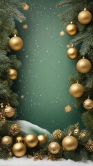 Background scene for stories with gold Christmas balls decoration and spruce branches on green background with snow.