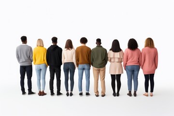 Obraz premium A group of women and men standing together, backs turned, against a clean white background, symbolizing diversity and togetherness