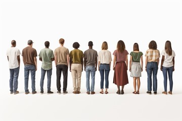 Obraz premium A collective of women and men, backs turned, form a silhouette of unity on the blank canvas of a white background, inviting interpretations of diversity and collaboration