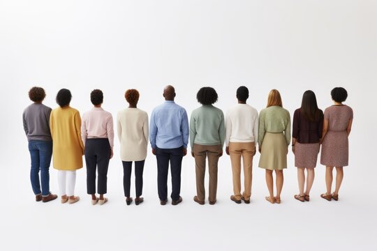 Women and men stand with their backs turned, presenting a sense of mystery and anticipation against a plain white backdrop