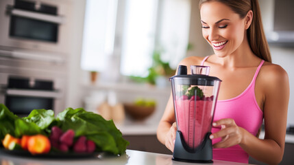 Smiling woman in a kitchen making smoothie, with a blender