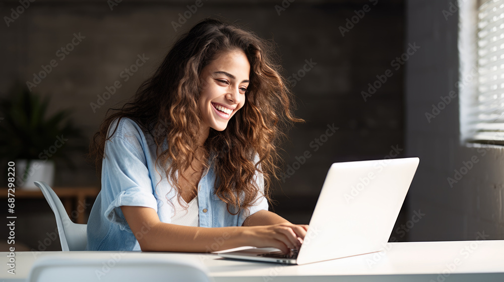 Poster Young smiling woman working on a laptop in the office