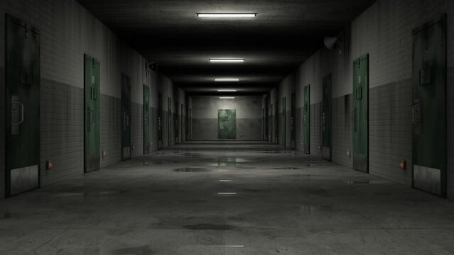 Empty prison corridor with lights turning on. Wet floor, locked doors, brick walls and megaphones hanging on the walls. 3d render. Seamless loop.