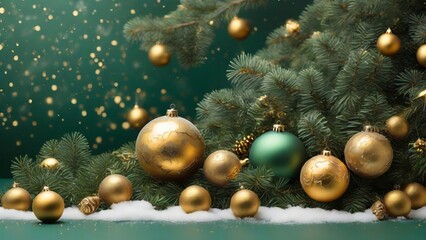Background scene with gold Christmas balls decoration and spruce branches on green background with snow.