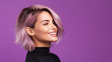 Fototapeta premium Portrait of young european fashionable female model, shot from the side, smiling, looking to the side, purple, background