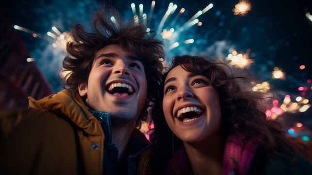 Couple of friends watching fireworks, Capturing expressions of wonder and happiness, with fireworks reflected in eyes, AI Generated