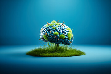 Human brain with green grass and blue background - obrazy, fototapety, plakaty