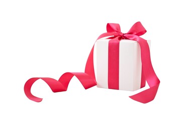 A white gift wrapped Christmas, birthday or valentines presents with red ribbon bows isolated...