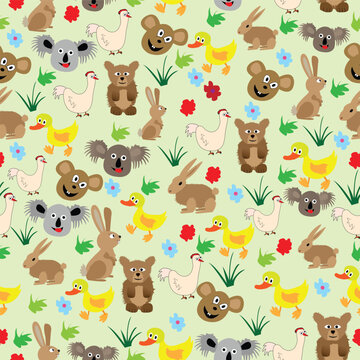 Comical seamless pattern with wild and domestic animals
