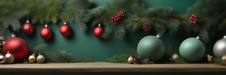 Background top table scene with red and green Christmas balls decoration and spruce branches on green background.