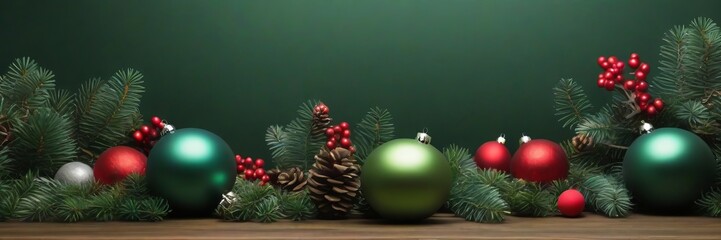 Obraz na płótnie Canvas Background top table scene with red and green Christmas balls decoration and spruce branches on green background.
