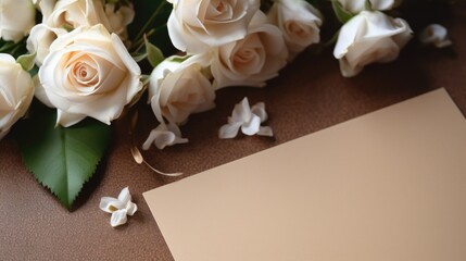 Envelope empty letter laying on table with roses flowers wallpaper background