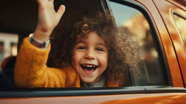 Happy children waving hand out car window. Road trip vacation travel wallpaper background