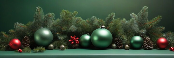 Background top table scene with red and green Christmas balls decoration and spruce branches on green background.