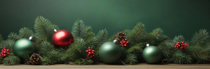 Obraz na płótnie Canvas Background top table scene with red and green Christmas balls decoration and spruce branches on green background.