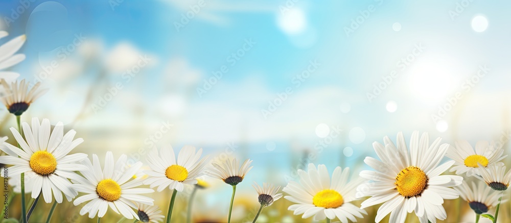 Poster blurred spring floral background with daisies and blue sky copy space image place for adding text or