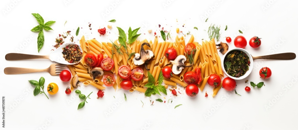 Aufkleber A white background with an isolated fork maccheroni pasta mushrooms tomatoes and herbs seen from above Copy space image Place for adding text or design
