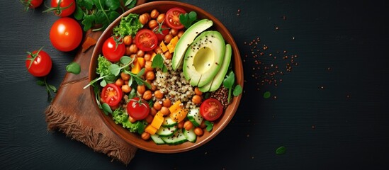 Avocado quinoa sweet potato tomato spinach and chickpeas vegetable salad in a healthy vegan lunch bowl Copy space image Place for adding text or design