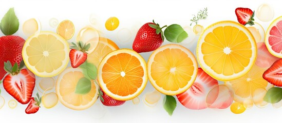 Abstract tropical pattern featuring strawberries lemons and oranges on a white background Copy space image Place for adding text or design