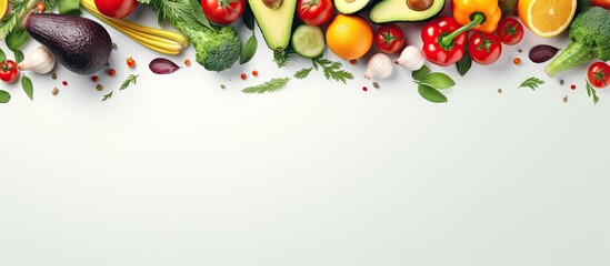 Abstract composition of fruits and vegetables on wallpaper Vegetable pattern Healthy food concept Isolated vegetables top view Copy space image Place for adding text or design - obrazy, fototapety, plakaty