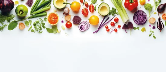 Foto op Canvas Assorted fresh vegan ingredients for clean eating concept arranged on white wooden surface Copy space image Place for adding text or design © Gular