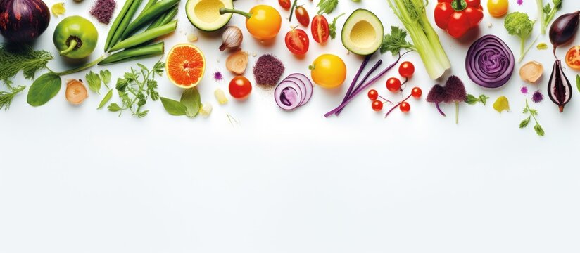 Assorted fresh vegan ingredients for clean eating concept arranged on white wooden surface Copy space image Place for adding text or design
