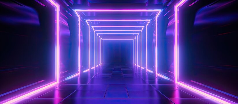 Abstract fashion background with neon lit tunnel showcasing vibrant laser light colors in a virtual reality esque corridor Copy space image Place for adding text or design