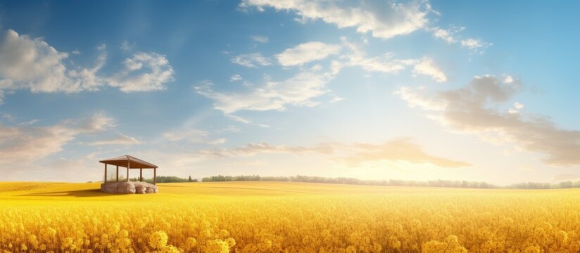 A scoring station sits in a bright field surrounded by grain and flowers under the sunny sky Copy space image Place for adding text or design