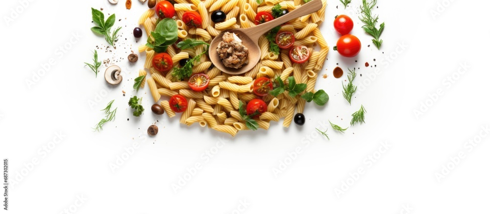 Poster A white background with an isolated fork maccheroni pasta mushrooms tomatoes and herbs seen from above Copy space image Place for adding text or design