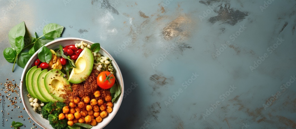 Aufkleber avocado quinoa sweet potato tomato spinach and chickpeas vegetable salad in a healthy vegan lunch bo