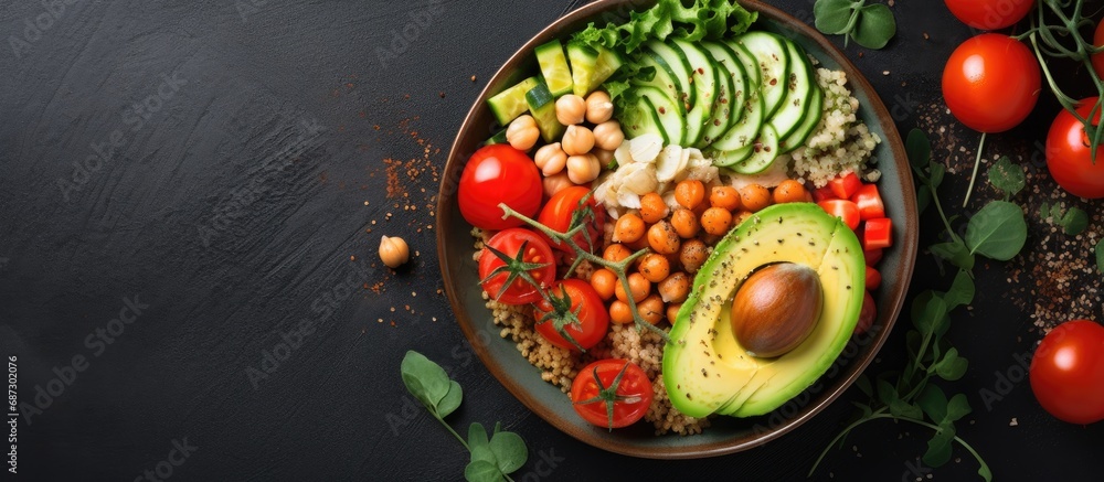 Aufkleber avocado quinoa sweet potato tomato spinach and chickpeas vegetable salad in a healthy vegan lunch bo