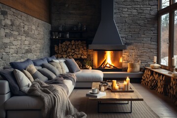 title. Scandinavian Living Room with Grey Sofa and Rustic Coffee Table,